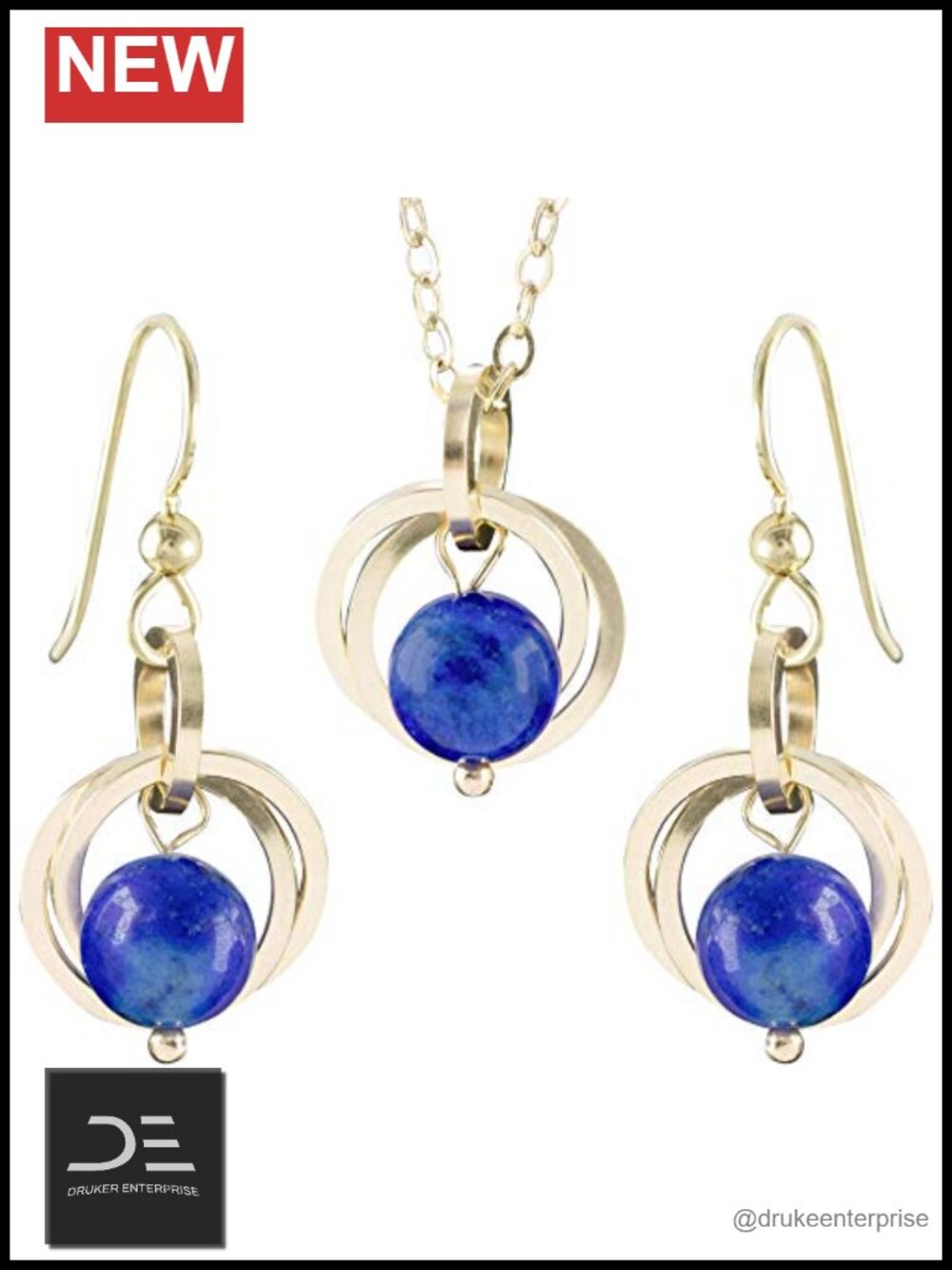 14K Yellow Gold Fill Lapis Lazuli Necklace Earring Set